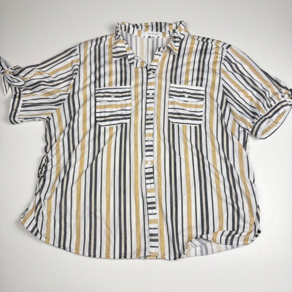 Eden & Olivia Womens 3X Striped Button Down Shirt Gold Black White Tie Sleeve